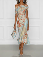 Vittoria - Ärmlös midi-sjöjungfruklänning med off shoulder och blått blommönster