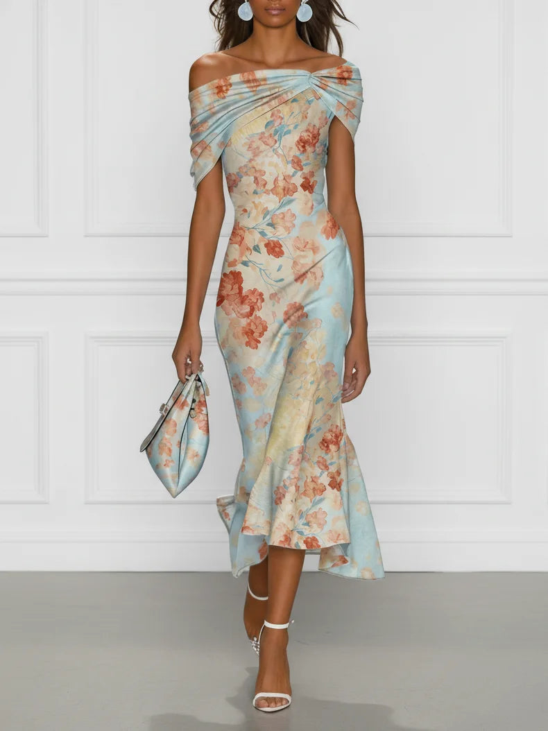 Vittoria - Ärmlös midi-sjöjungfruklänning med off shoulder och blått blommönster