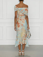 Vittoria - Ärmlös midi-sjöjungfruklänning med off shoulder och blått blommönster