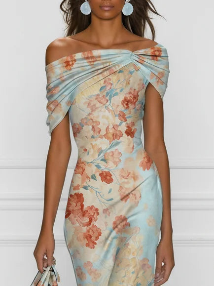 Vittoria - Ärmlös midi-sjöjungfruklänning med off shoulder och blått blommönster