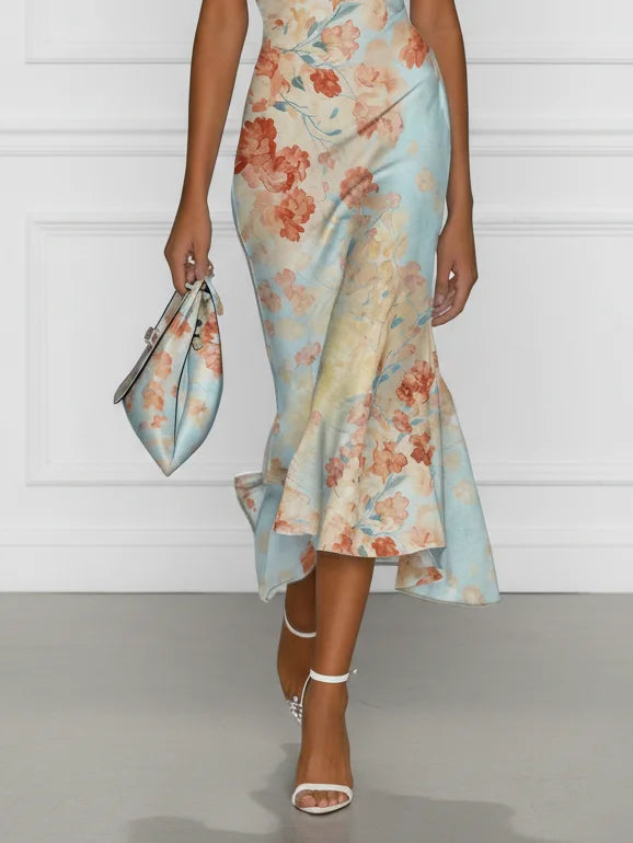 Vittoria - Ärmlös midi-sjöjungfruklänning med off shoulder och blått blommönster