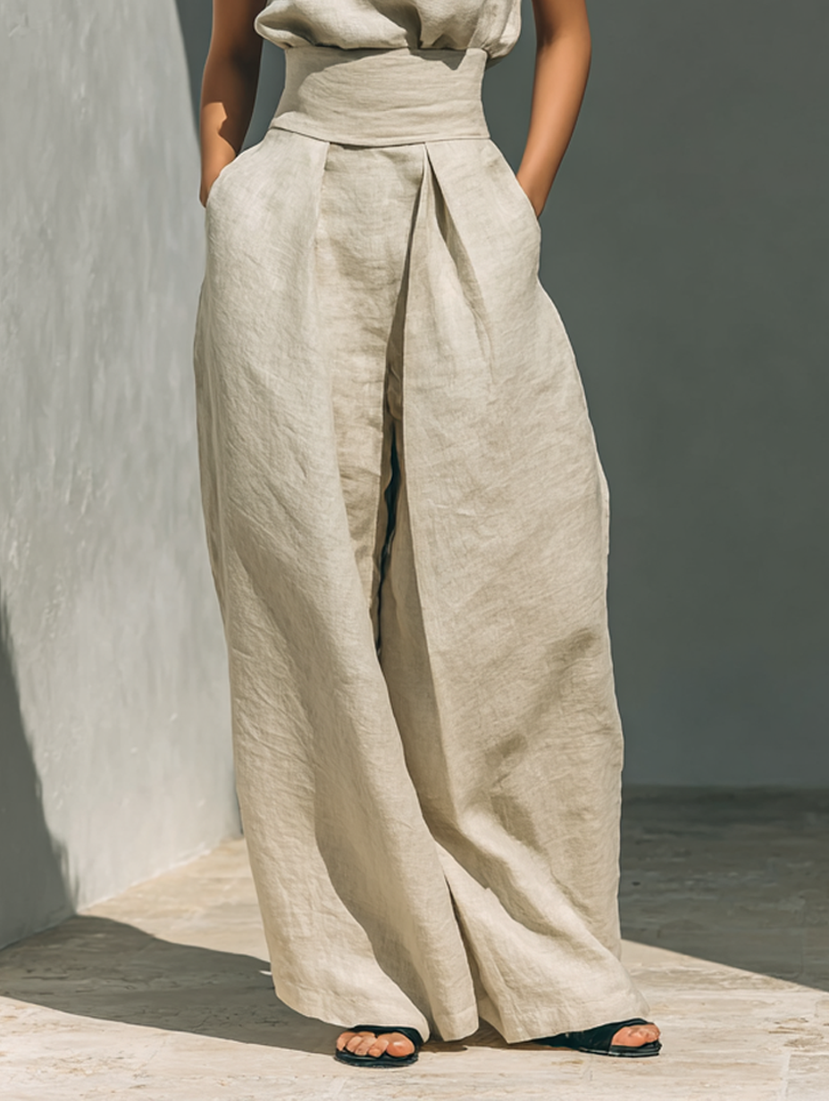 Aurora | Avslappnat beige ärmlöst set med vida ben