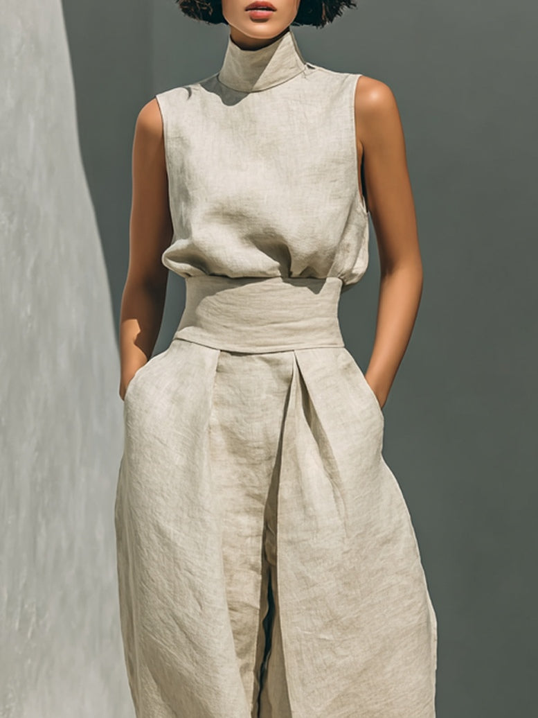 Aurora | Avslappnat beige ärmlöst set med vida ben