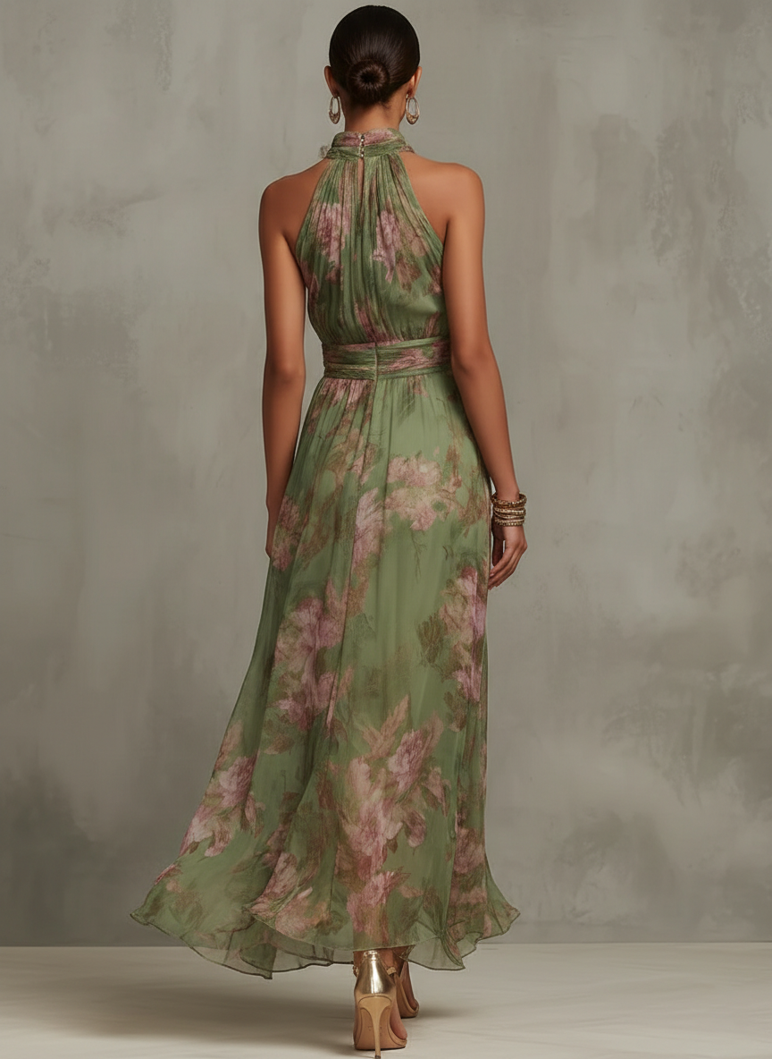 Serena – Elegant Maxiklänning i chiffong med blommönster och halterneck