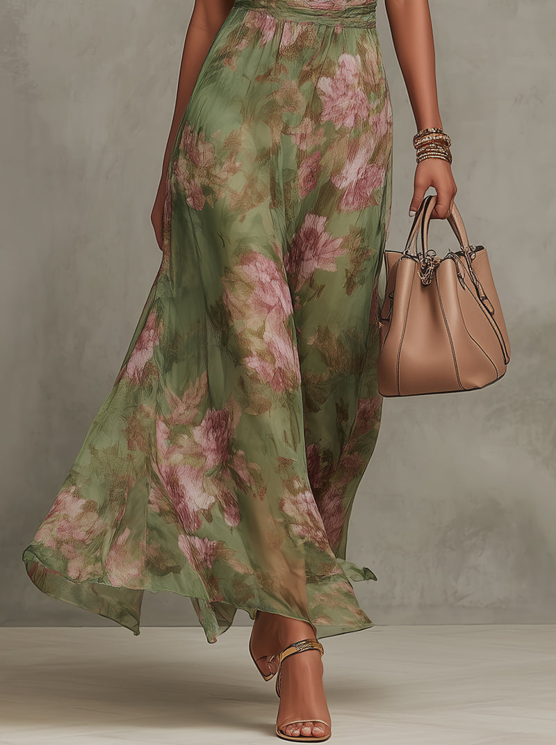 Serena – Elegant Maxiklänning i chiffong med blommönster och halterneck