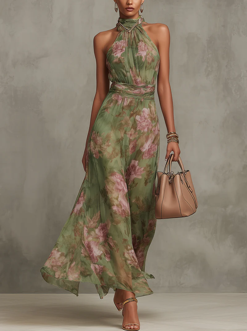 Serena – Elegant Maxiklänning i chiffong med blommönster och halterneck